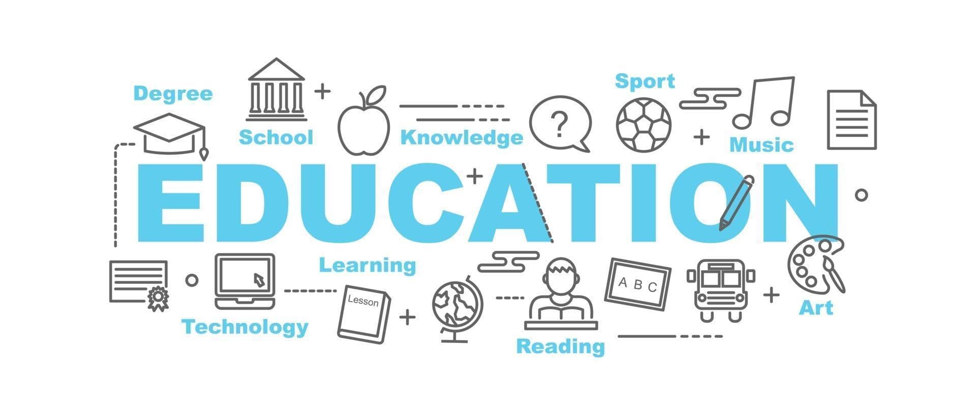 Ilustración de educación con íconos (escuela, deportes, música, arte, lectura)